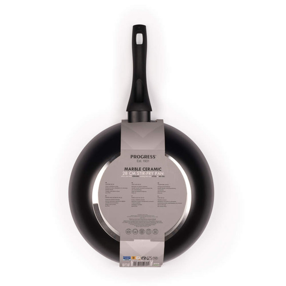 Black marble ceramic 28cm stir-fry pan in packaging, Progress brand