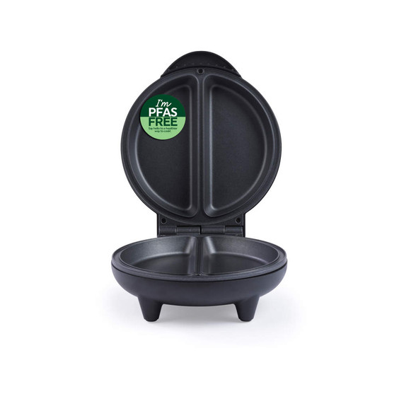 Black electric sandwich maker open, shows PFAS free label on lid