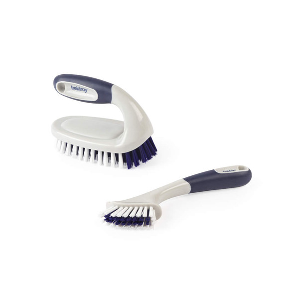 Set of two Beldray cleaning brushes, white and navy handles, for household scrubbing.
