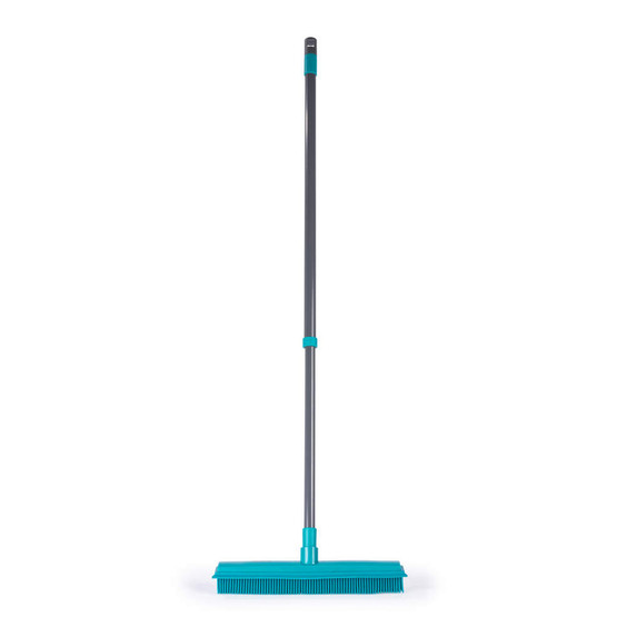Blue rubber broom with long grey handle shown upright on a white background