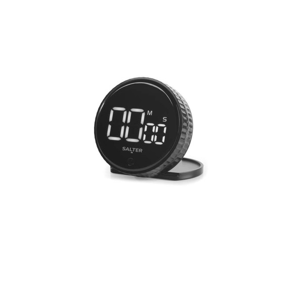 Black digital kitchen timer with large display, angled view