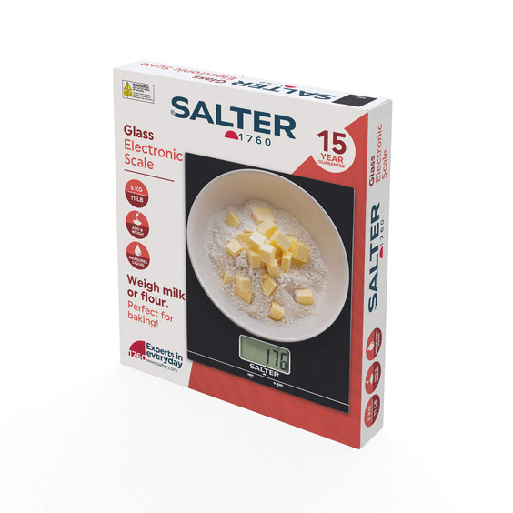 Salter glass electronic kitchen scale packaging showing scale with ingredients in bowl, for baking.