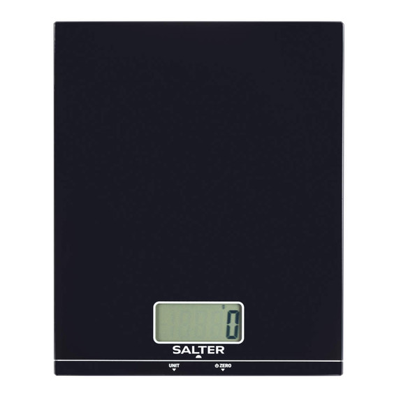 Black digital kitchen scale with LCD display, front view.