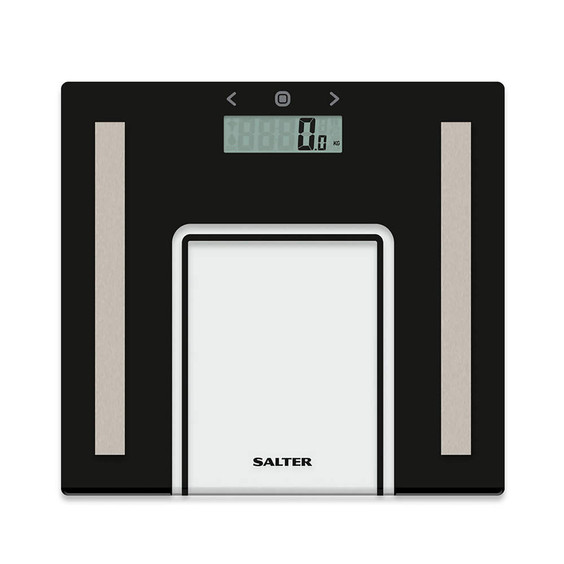 Black glass digital bathroom scale with Salter branding and LCD display