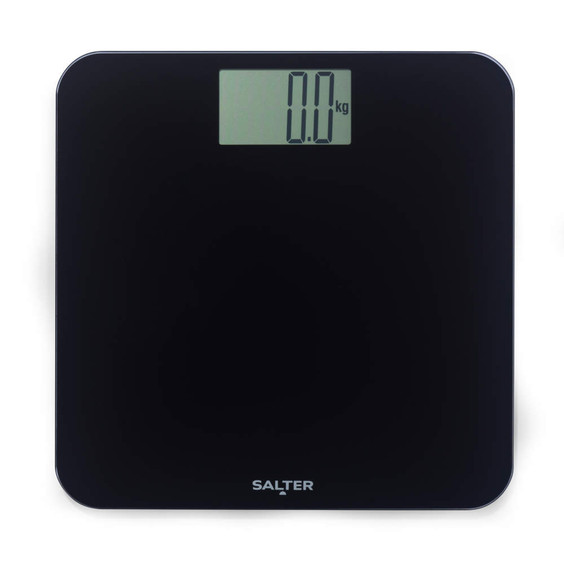Black digital bathroom scale with large LCD display, showing 0.0kg, front view