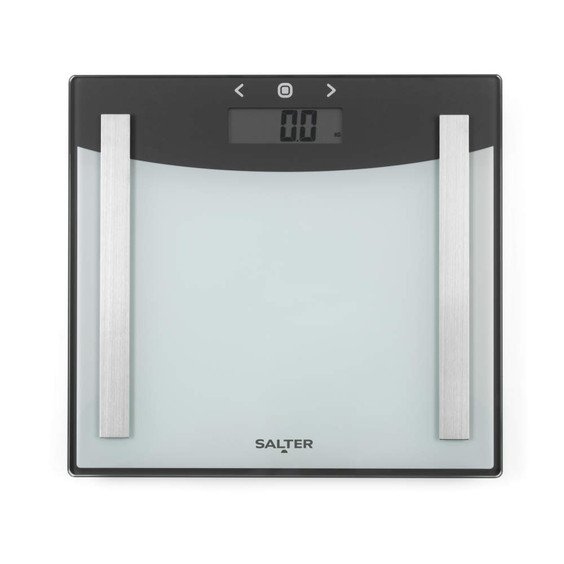 White digital bathroom scale with silver metal strips, front view