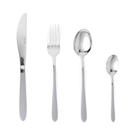 Four-piece silver cutlery set with knife, fork, tablespoon and teaspoon, shown on white background