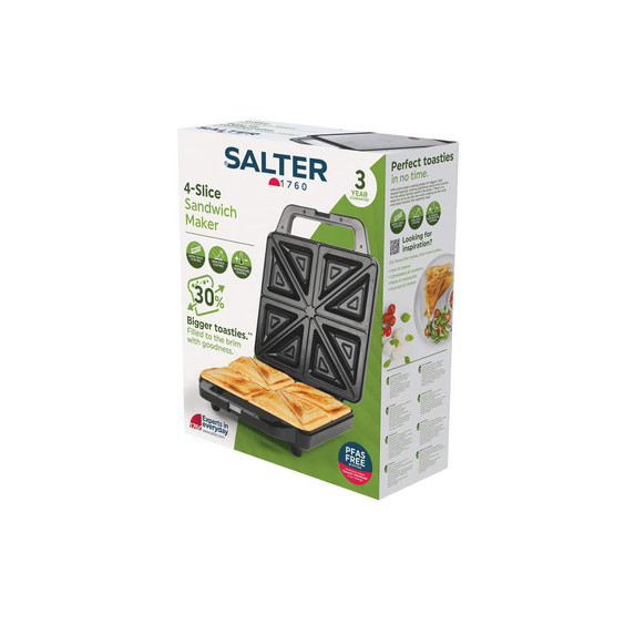 Salter 4-slice sandwich maker retail packaging showing product and key features