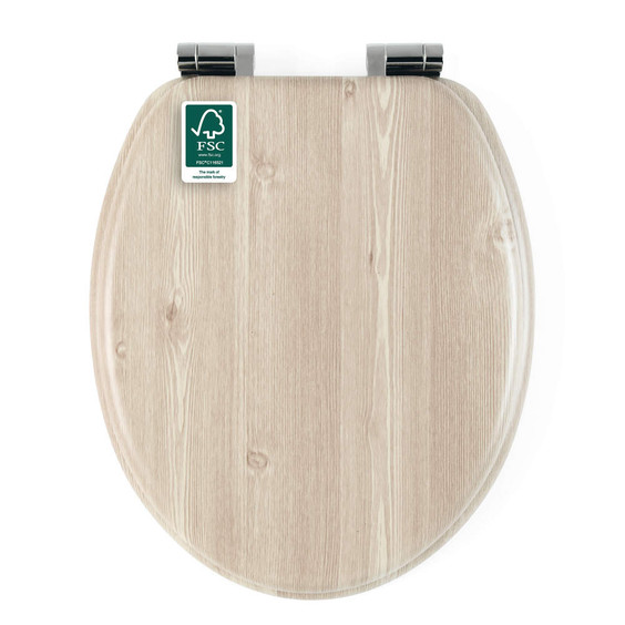 Light oak wood effect toilet seat with FSC label, top view