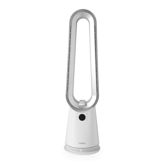 White bladeless tower fan with digital controls, front view