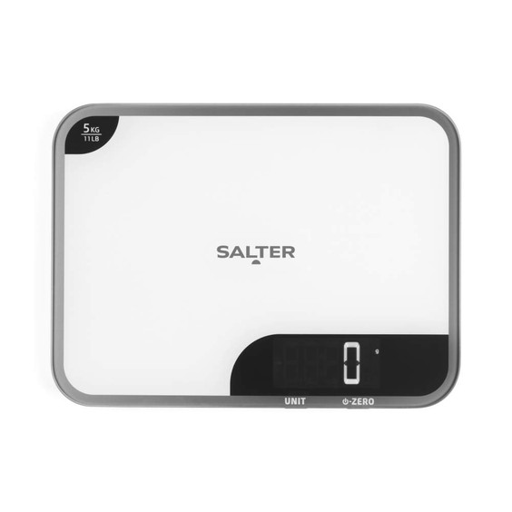 White digital kitchen scale with Salter branding, large LCD display, 5kg capacity