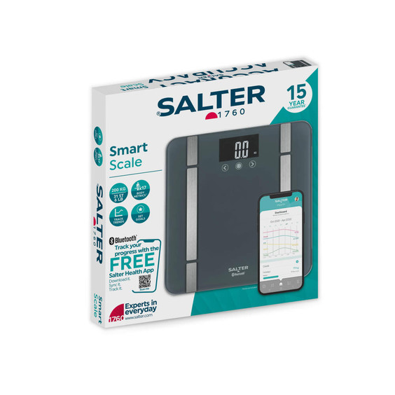Black Salter smart bathroom scale in retail box, Bluetooth app display shown