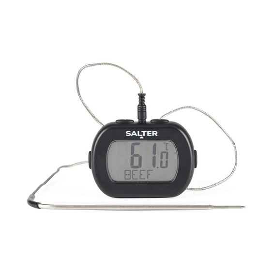 Digital meat thermometer with probe, black, showing 61°C for beef