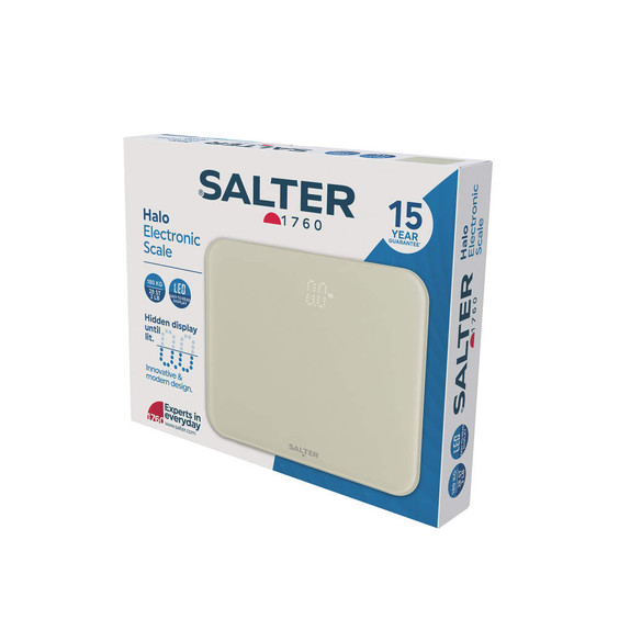 Cream Salter Halo electronic bathroom scale in retail box, front angled view