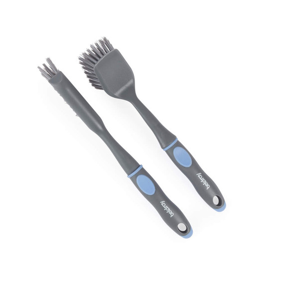 Set of two grey and blue cleaning brushes with ergonomic handles, shown side by side