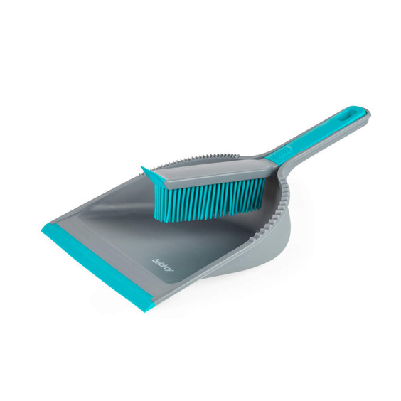 Grey and turquoise dustpan and brush set with silicone bristles, shown on white background