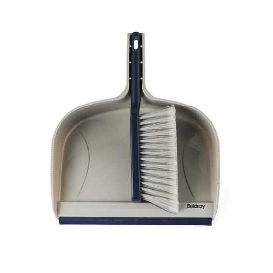 Dustpan and brush set with grey pan and white bristles, Beldray branding visible.