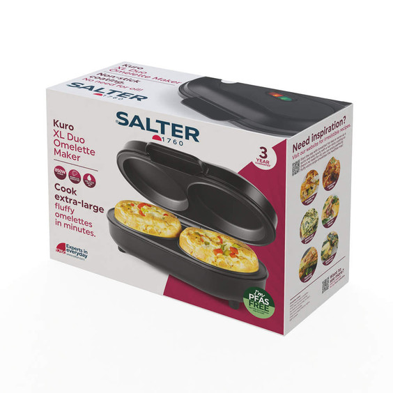 Box showing Salter Kuro XL Duo Omelette Maker with image of two fluffy omelettes.