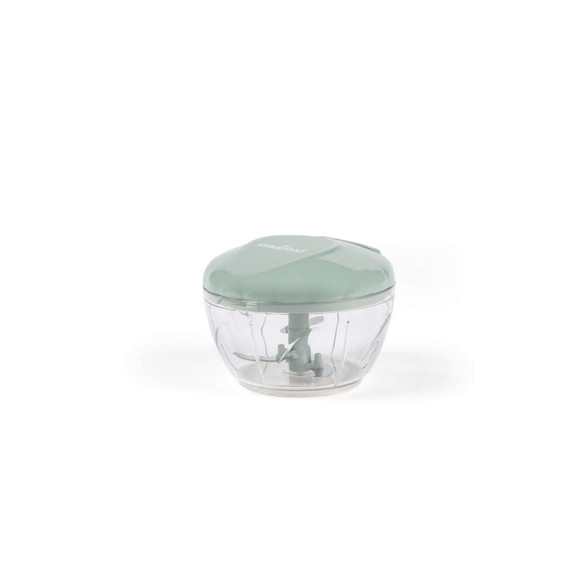Manual food chopper with green lid and clear bowl, shown on white background