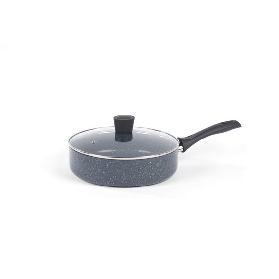 Grey non-stick saucepan with lid and black handle, shown at an angle on white background