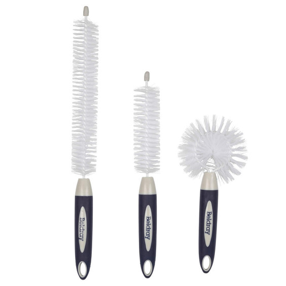 Set of three bottle cleaning brushes with white bristles and navy handles