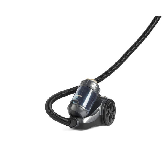 Bagless cylinder vacuum cleaner, black and grey, shown with hose attached, side angle