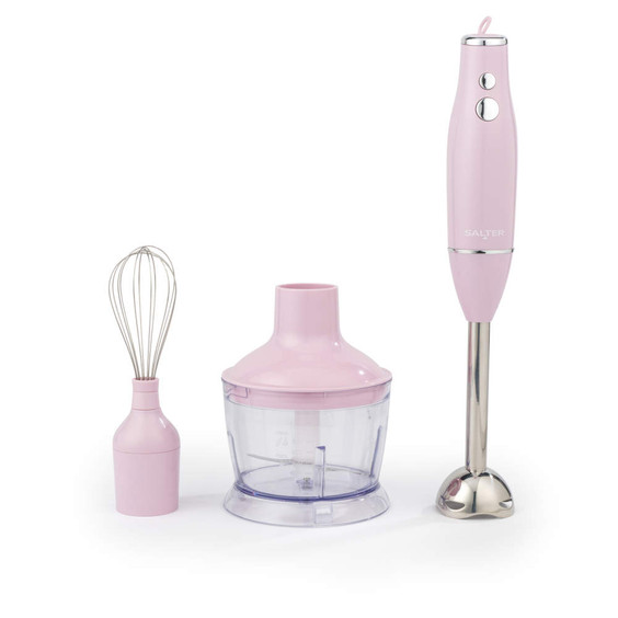 Pink hand blender set with whisk and chopper attachments, shown upright on white background