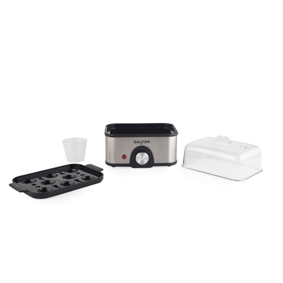 Silver electric egg cooker with accessories, shown disassembled on white background