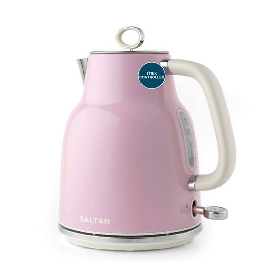 Pink electric kettle with cream handle and lid, front view