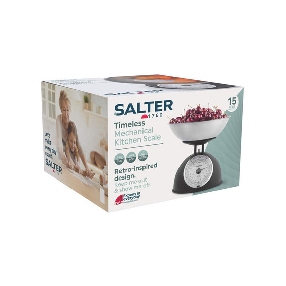Salter mechanical kitchen scale retail packaging showing retro-inspired black scale with bowl of cherries
