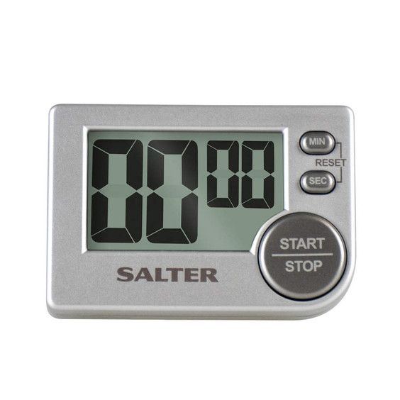 Silver digital kitchen timer with large LCD display and Salter branding