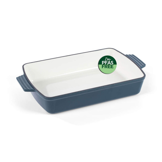 Rectangular green ceramic baking dish with handles, PFAS free badge shown