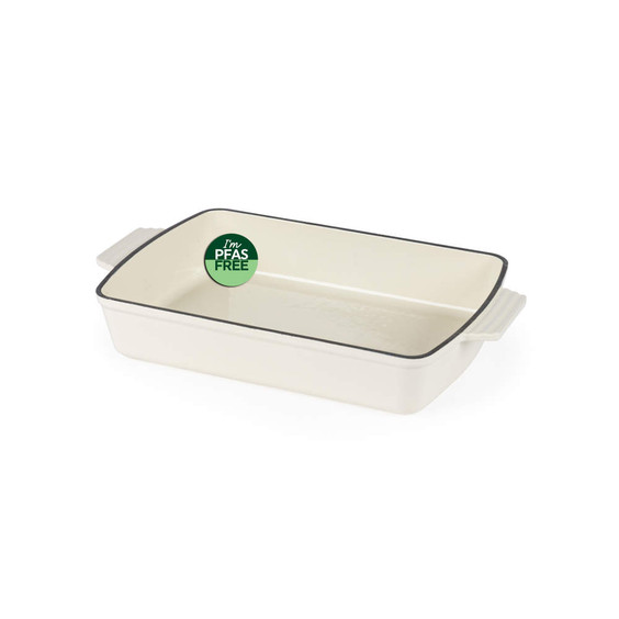 Cream rectangular ceramic oven dish with handles, PFAS free badge shown