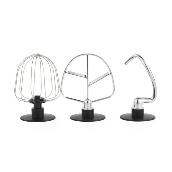 Set of three metal stand mixer attachments: whisk, beater, and dough hook