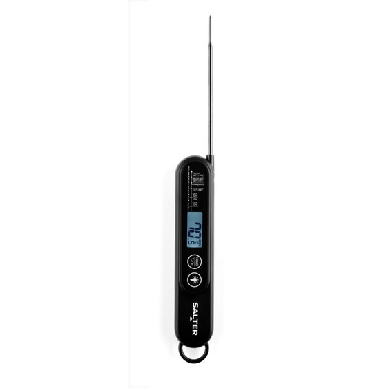 Black digital food thermometer with metal probe, display reads 70.5°C, Salter branding