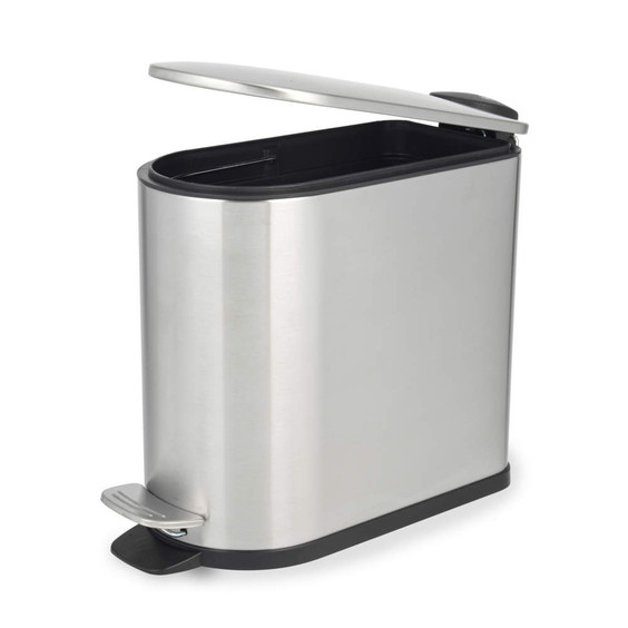 Slim stainless steel pedal bin with open lid, shown angled for detail.