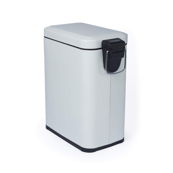 White rectangular kitchen bin with black locking lid and handle, side angle