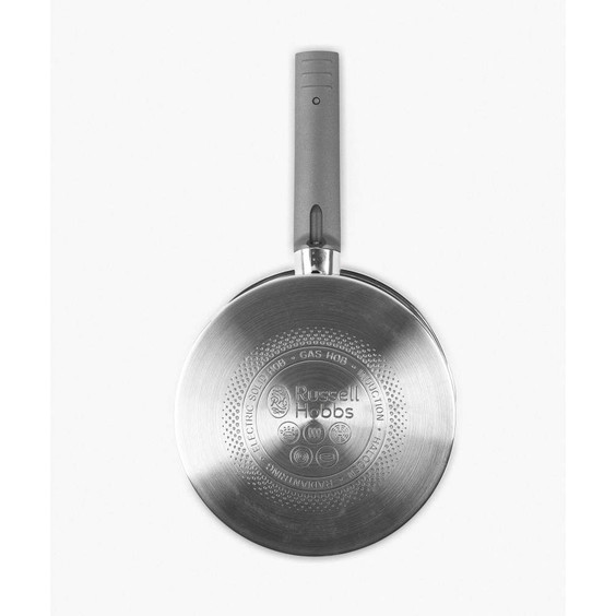 Russell Hobbs stainless steel frying pan, view of base with logo and compatibility icons
