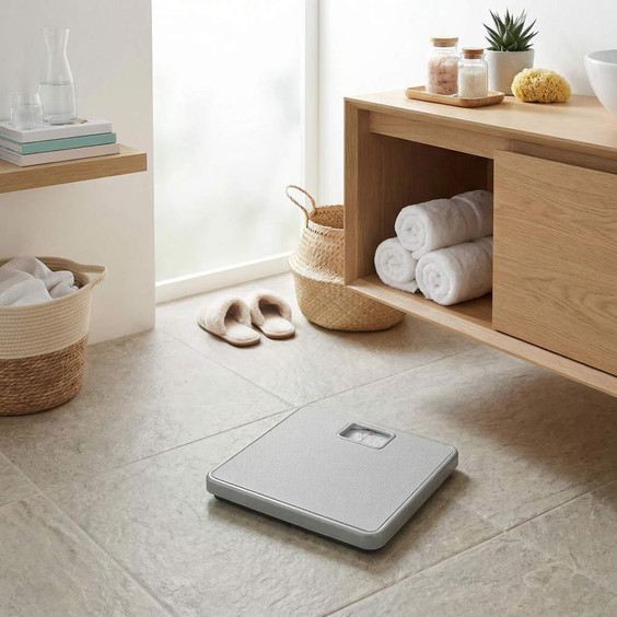 Silver mechanical bathroom scale on tiled floor, shown in a modern home setting