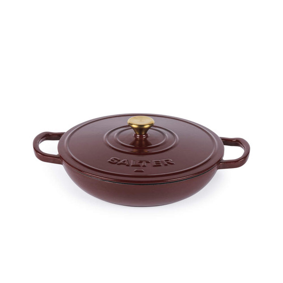 Red cast iron casserole dish with lid, gold knob and two handles, Salter embossed.