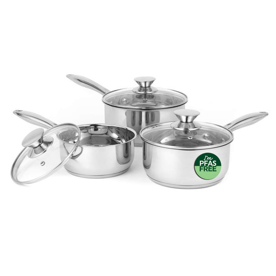 Set of three silver saucepans with glass lids, PFAS free label on one pan
