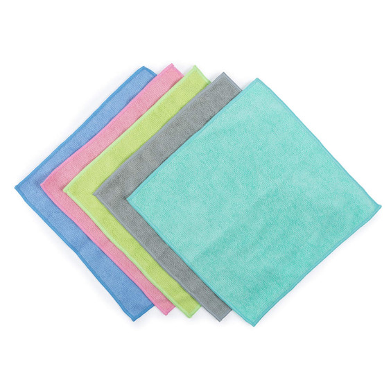 Pack of five microfibre cloths in assorted colours, shown flat.
