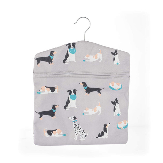 Grey peg bag with colourful dog print, zip closure and hanger
