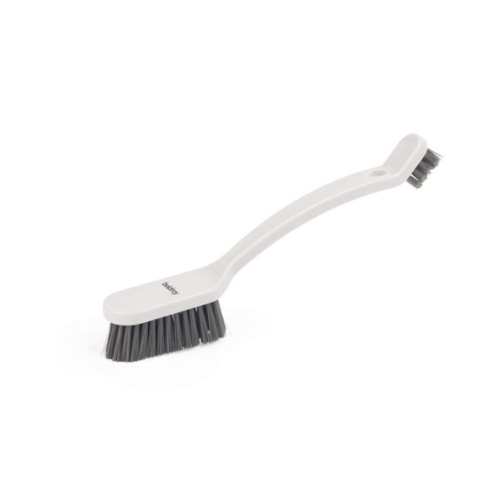 White cleaning brush with grey bristles, angled handle, shown on white background