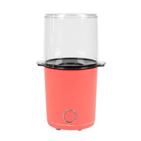 Red electric popcorn maker with clear lid, shown from the front