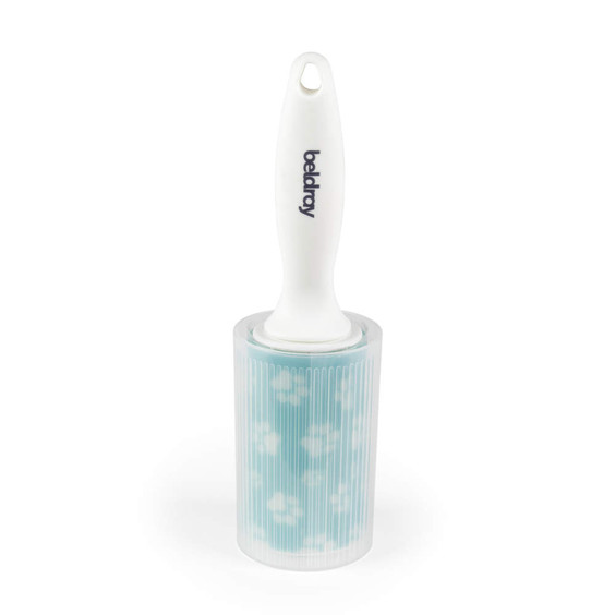 Blue pet hair lint roller with white Beldray handle, shown upright.