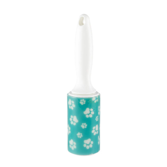 Pet hair remover lint roller with white paw prints on blue roll