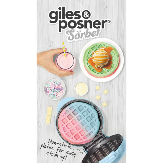 Banner for Giles & Posner Sorbet waffle maker with multicoloured waffle and non-stick plates.