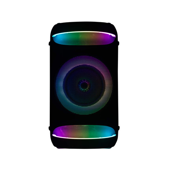 Black wireless party speaker with circular RGB lights, front view