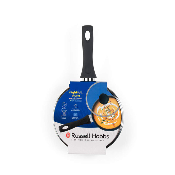 Black non-stick 20cm Russell Hobbs saucepan with glass lid, in retail packaging